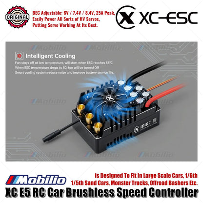 XC-ESC E5 ESC Tanpa Sikat Terdeteksi untuk Mobil RC LiPo 6-12S 200A Kontinu BEC 8A 25A Puncak