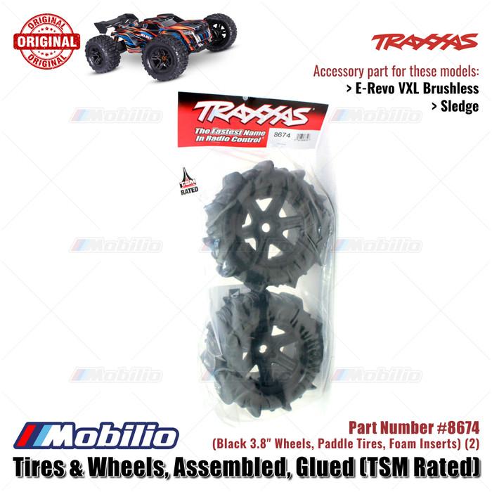 Traxxas Part #8674 Paddle Tires & Wheels Assembled Glued TSM Rated Black 3.8" Wheels for RC E-Revo Sledge