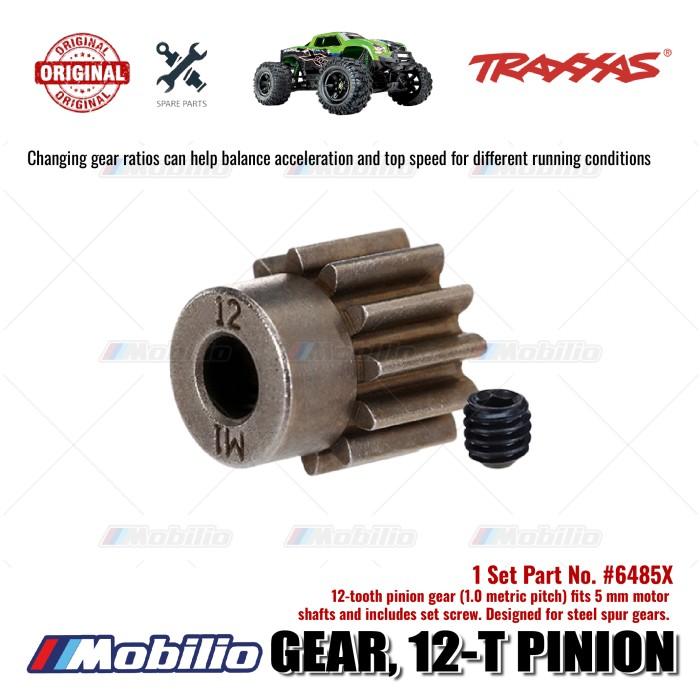 Traxxas Part #6485X 12-tooth pinion gear (1.0 metric pitch) fits 5 mm motor shafts and includes set screw for RC E-Revo X-Maxx XRT