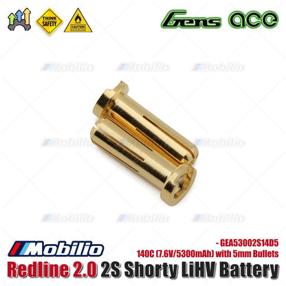 Baterai Gens Ace Redline 2.0 2S Shorty LiHV 140C (7.6V/5300mAh) dengan Bullet 5mm - GEA53002S14D5