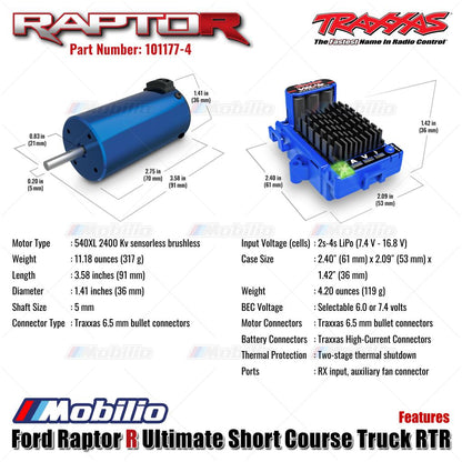 Traxxas 101177-4 FOX-2 Ford Raptor R Ultimate 4X4 Short Course Truck RC Skala 1/10 Rakitan Lengkap Tahan Air RTR Kontrol Jarak Jauh dengan Motor Velineon 540XL &amp; Sistem Radio TQi 2.4 GHz - Gear