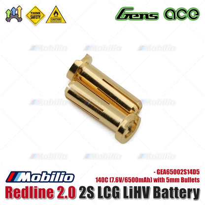 Baterai LiHV Gens Ace Redline 2.0 2S LCG 140C (7.6V/6500mAh) dengan Bullet 5mm - GEA65002S14D5