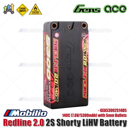 Baterai Gens Ace Redline 2.0 2S Shorty LiHV 140C (7.6V/5300mAh) dengan Bullet 5mm - GEA53002S14D5