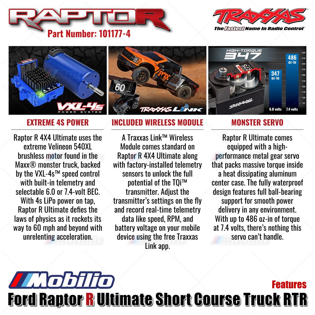 Traxxas 101177-4 FOX-2 Ford Raptor R Ultimate 4X4 Short Course Truck RC Skala 1/10 Rakitan Lengkap Tahan Air RTR Kontrol Jarak Jauh dengan Motor Velineon 540XL &amp; Sistem Radio TQi 2.4 GHz - Gear