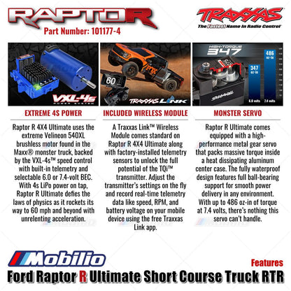 Traxxas 101177-4 FOX-2 Ford Raptor R Ultimate 4X4 Short Course Truck RC Skala 1/10 Rakitan Lengkap Tahan Air RTR Kontrol Jarak Jauh dengan Motor Velineon 540XL &amp; Sistem Radio TQi 2.4 GHz - Gear