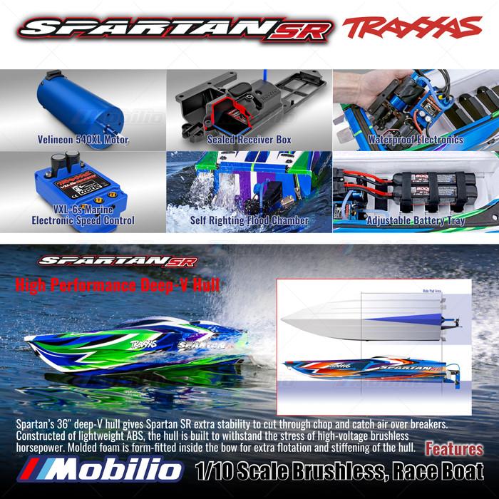 Traxxas 103076-4 Spartan SR Perahu Balap Brushless Skala 1/10 RC Tahan Air Elektronik Siap Balap