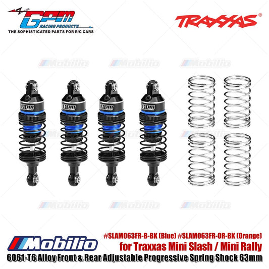 GPM Part #SLAM063FR 6061-T6 Alloy Front & Rear Adjustable Progressive Spring Shock 63mm for Traxxas Mini Slash / Mini Rally Upgrade