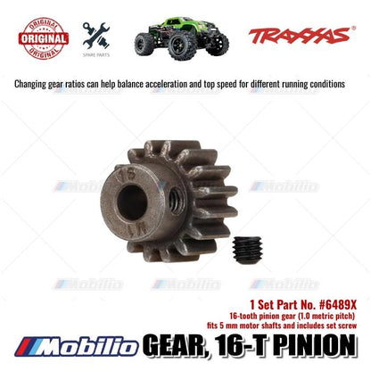Traxxas Part #6489X 16-tooth pinion gear (1.0 metric pitch) fits 5 mm motor shafts and includes set screw for RC E-Revo Maxx Sledge X-Maxx XRT