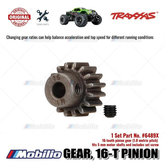 Traxxas Part #6489X 16-tooth pinion gear (1.0 metric pitch) fits 5 mm motor shafts and includes set screw for RC E-Revo Maxx Sledge X-Maxx XRT