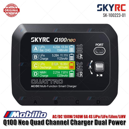 SKYRC #SK-100223-01 Pengisi Daya Empat Saluran Q100 Neo Daya Ganda AC/DC 100W/240W 6A 4S LiPo/LiFe/LiIon/LiHV