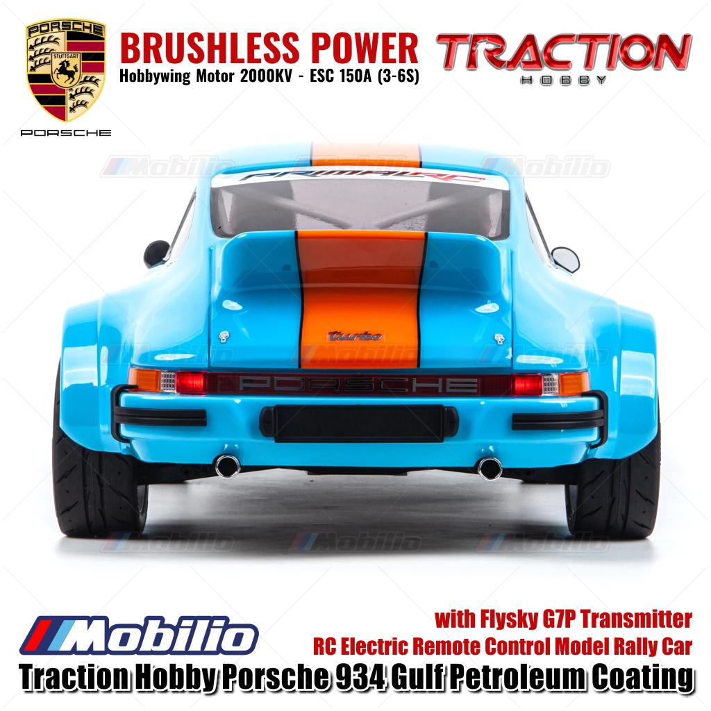 Mobil Reli Model RC Elektrik Kendali Jarak Jauh Skala 1/6 Traction Hobby Porsche 934 Gulf Petroleum Coating dengan Pemancar Flysky G7P