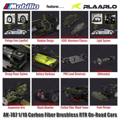 Rlaarlo AK-787 Mobil Supercar Profesional Serat Karbon Tanpa Sikat RTR 2.4GHz Mobil On-Road Kendali Jarak Jauh
