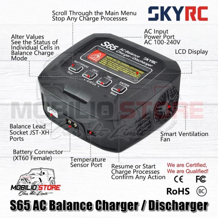 Pengisi Daya Penyeimbang AC SkyRC S65 Pengosong Daya 65W 6A Baterai LiPo 2-4S NiMh