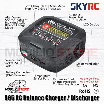 Pengisi Daya Penyeimbang AC SkyRC S65 Pengosong Daya 65W 6A Baterai LiPo 2-4S NiMh
