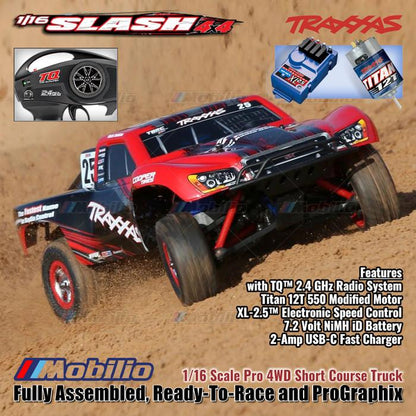 Traxxas 70054-8 Mini Slash 4x4 Skala 1/16 Pro 4WD Short Course Truck Rakitan Lengkap Siap Balap dan Mobil RC ProGraphix Kecepatan Offroad