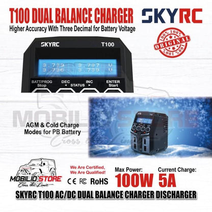 SKYRC T100 5A 2x50W AC/DC Pengisi Daya Penyeimbang Ganda Pengosong Baterai