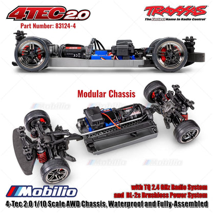 Traxxas 83124-4 4-Tec 2.0 Skala 1/10 Sasis AWD Tahan Air dan Terpasang Lengkap dengan Sistem Radio TQ 2.4 GHz dan Sistem Tenaga Brushless BL-2s Mobil Kendali Jarak Jauh