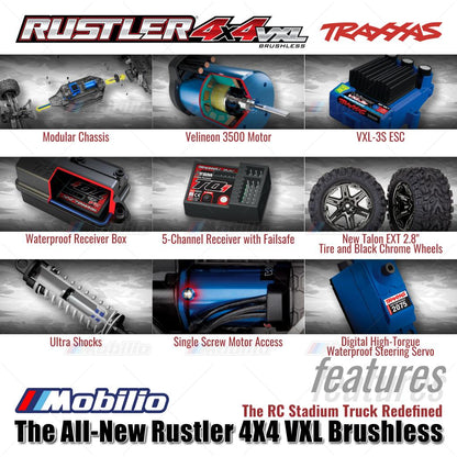 Traxxas 67376-4 Rustler 4X4 VXL Brushless HD Skala 1/10 Truk 4x4 Tahan Air RTR