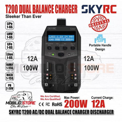 SKYRC T200 AC/DC 200W 12A Pengisi Daya/Pengosong Baterai Lipo Dual Balance