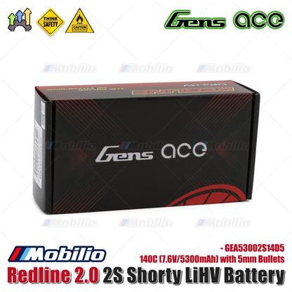 Baterai Gens Ace Redline 2.0 2S Shorty LiHV 140C (7.6V/5300mAh) dengan Bullet 5mm - GEA53002S14D5