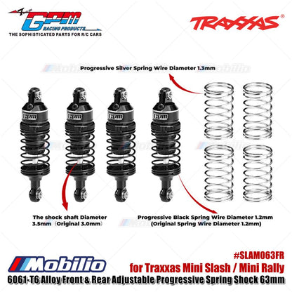 GPM Part #SLAM063FR 6061-T6 Alloy Front & Rear Adjustable Progressive Spring Shock 63mm for Traxxas Mini Slash / Mini Rally Upgrade