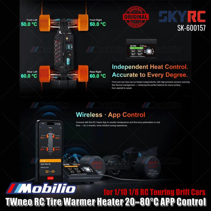 SkyRC #SK-600157 TWneo RC Penghangat Ban Pemanas 20–80℃ Kontrol Suhu 4 Roda Independen Kontrol Aplikasi untuk Ban Balap Mobil On-Road RC Skala 1/8 & 1/10