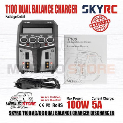 SKYRC T100 5A 2x50W AC/DC Pengisi Daya Penyeimbang Ganda Pengosong Baterai