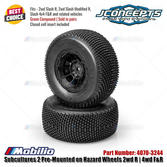 JConcepts #4070-3244 Subcultures 2 Pre-Mounted On Hazard Wheels - 2wd R | 4wd F&R Green Compound Fits 2wd Slash R 2wd Slash Modified R Slash 4x4 F&R and Related Vehicles